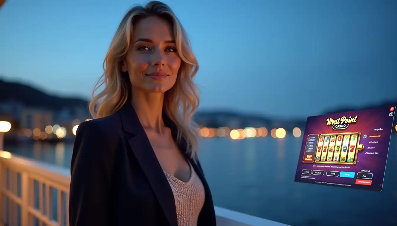 Wrest Point Casino lobby at night with an Australian player on the Hobart waterfront